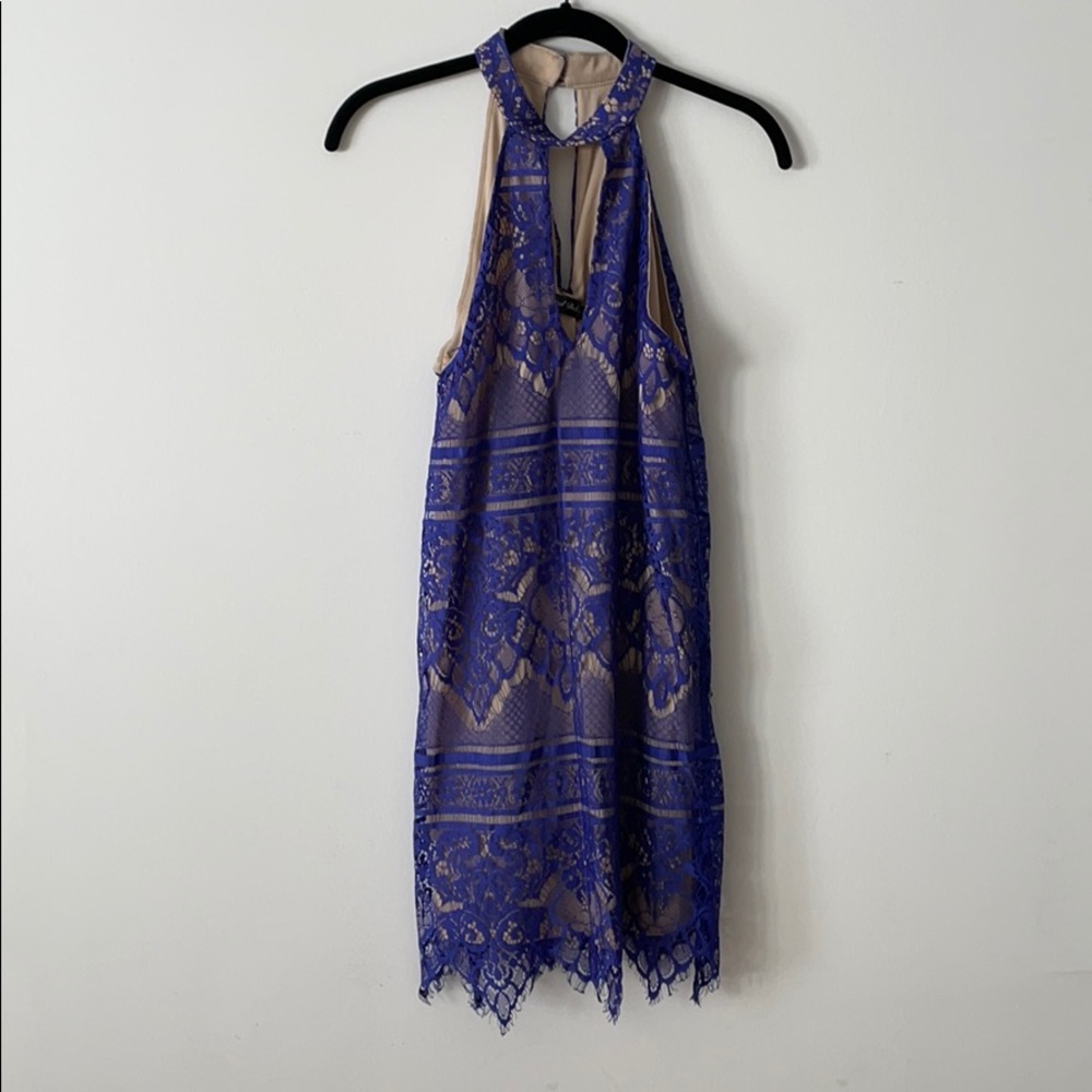 Blue lace high neck cut out cocktail dress.